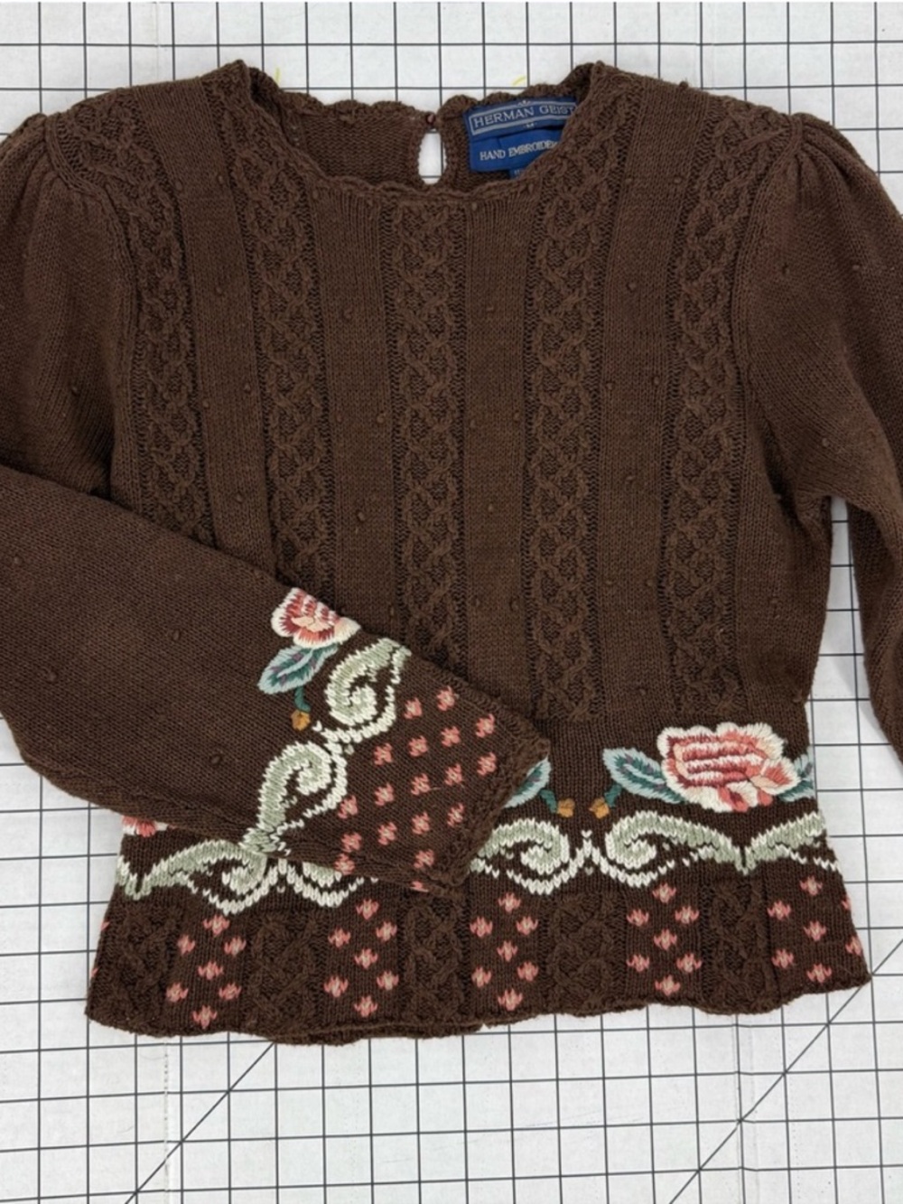 Herman Geist vintage floral  embroidered linen cotton blend dark Brown sweater M